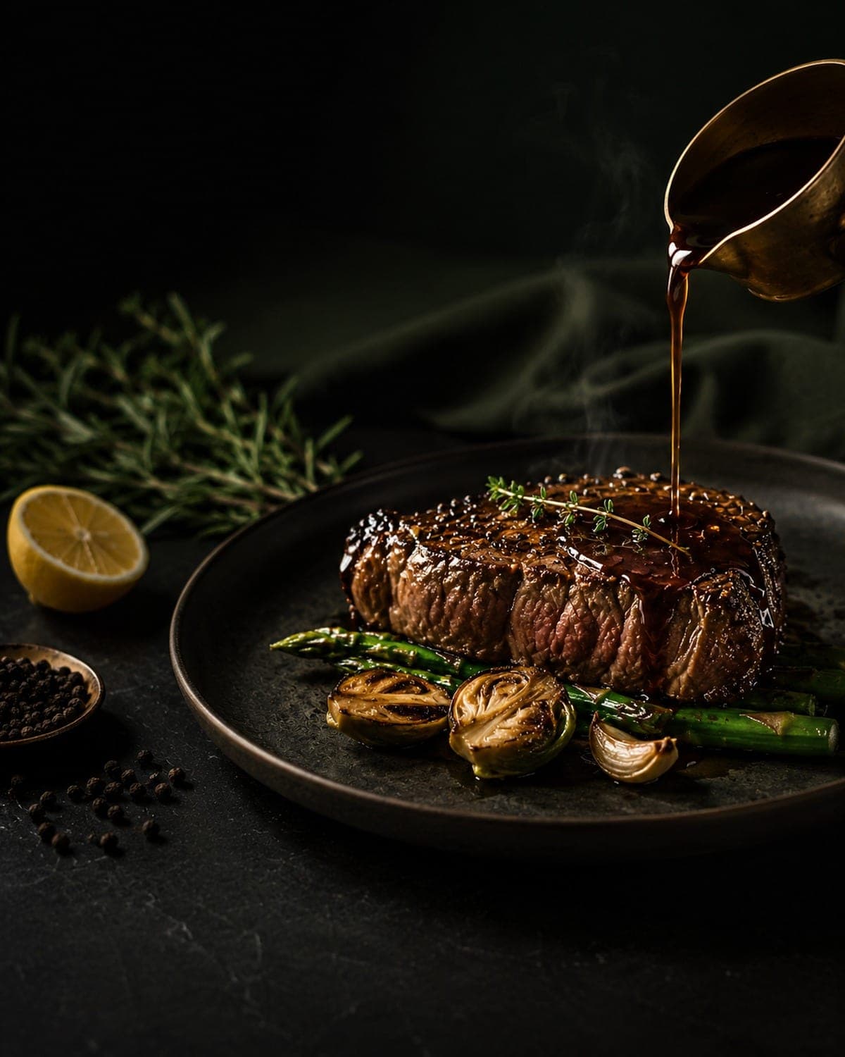 Chef pouring sauce over a precisely plated steak — editorial food photography